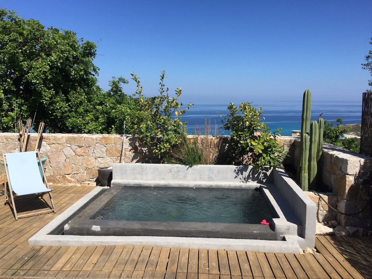An outdoor wooden deck features a small private pool surrounded by vibrant greenery and stone walls. A clear view of the ocean is visible in the background. A lounge chair sits nearby, contributing to the serene setting.