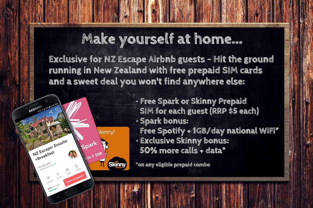 Free Spark or Skinny SIM card and a sweet exclusive offer just for NZ Escape Airbnb guests