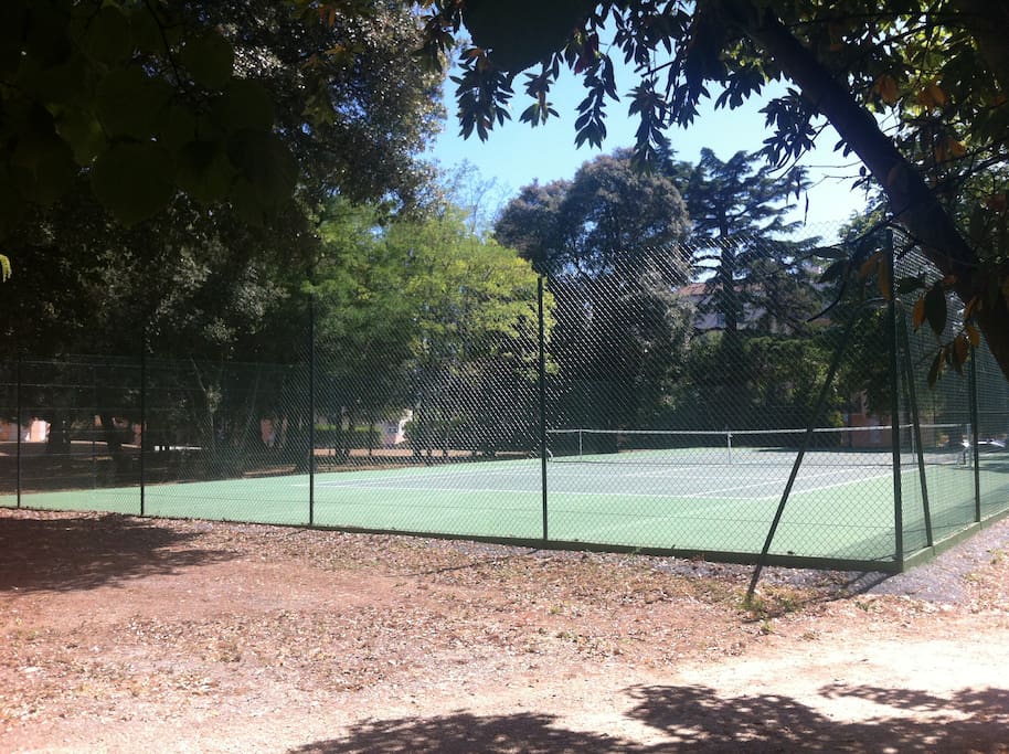 Le terrain de tennis privé dans le parc paysagé de la résidence.