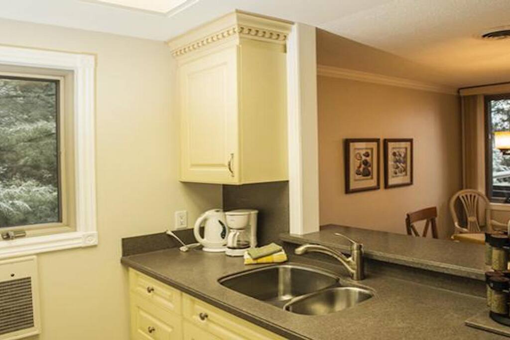 Toaster, kettle, coffee maker, blender. Open to dining room.