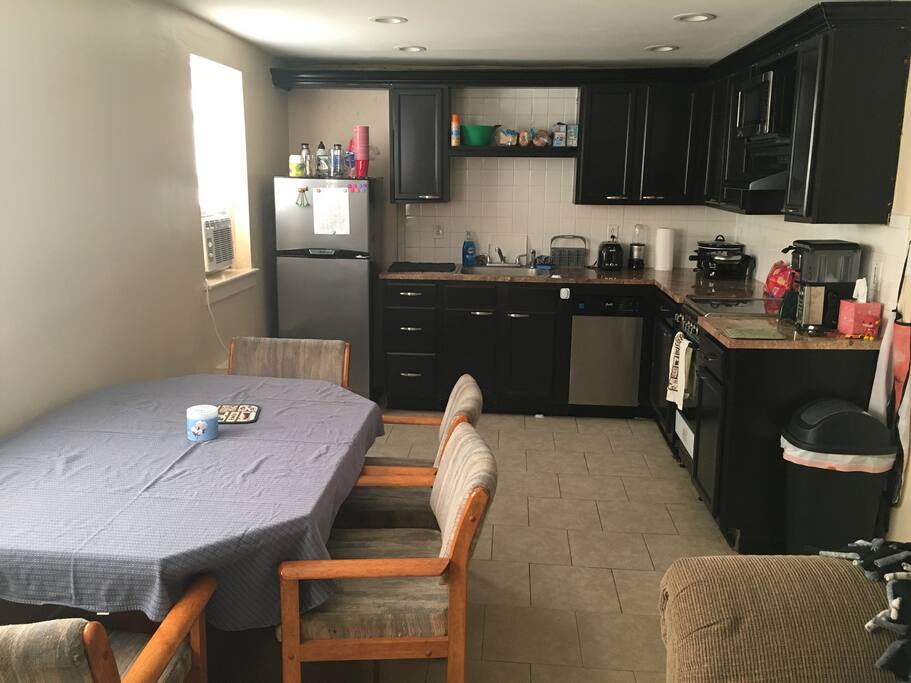 The kitchen is open concept and you are free to use dishes for cooking, fridge and cabinet space is available.