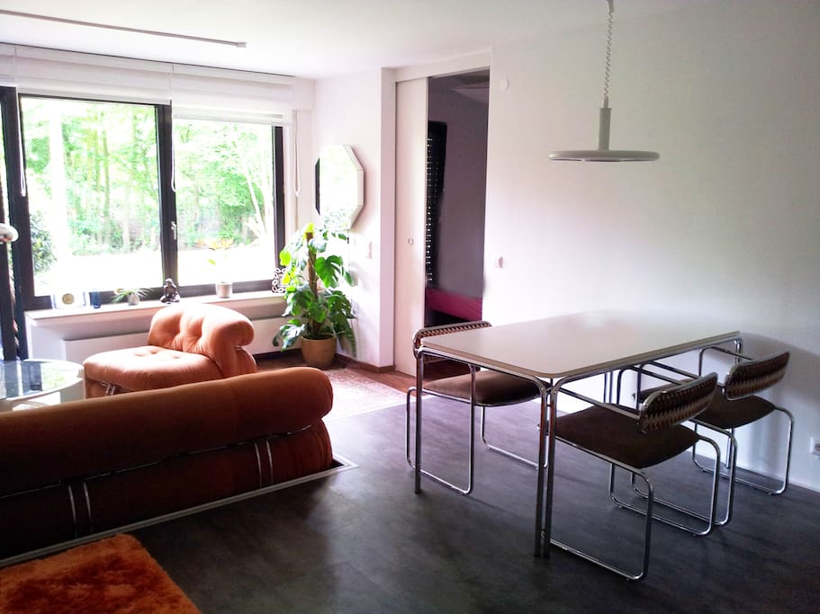 dining place with garden view & sliding door to the bedroom