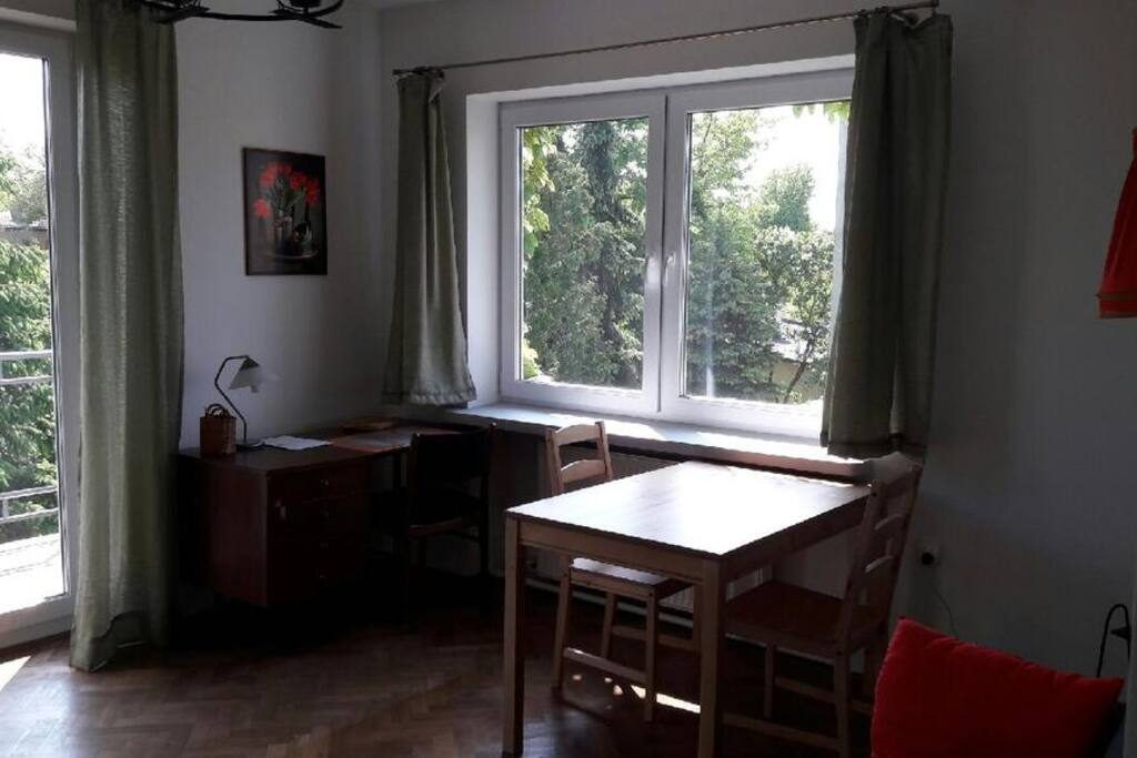 Corner for working and having breakfast in sunshine