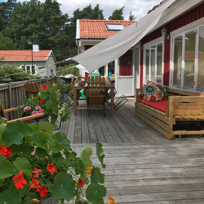 The terrasse with dining area and flower beds