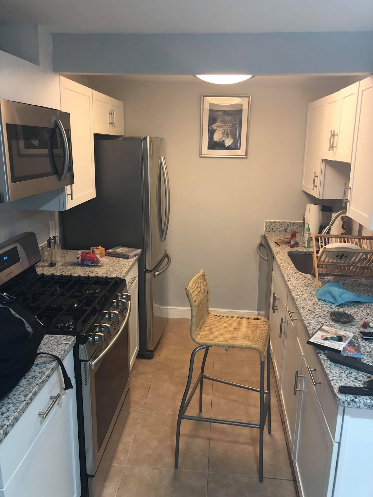 A compact kitchen features modern stainless steel appliances, including a refrigerator and gas stove. Countertops made of speckled stone provide ample workspace. A single bar stool is positioned nearby, and a framed image decorates the wall, enhancing the functional yet welcoming design.