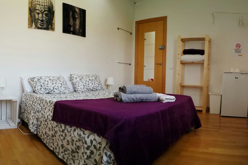 Large room with mattress and viscoelastic pillows