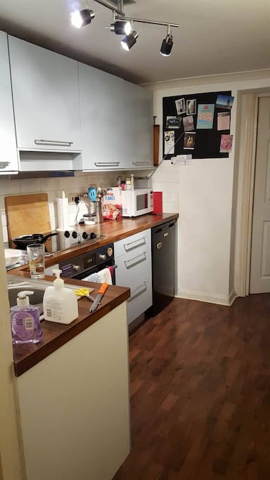 Kitchen with fridge, microwave, cooker and hob