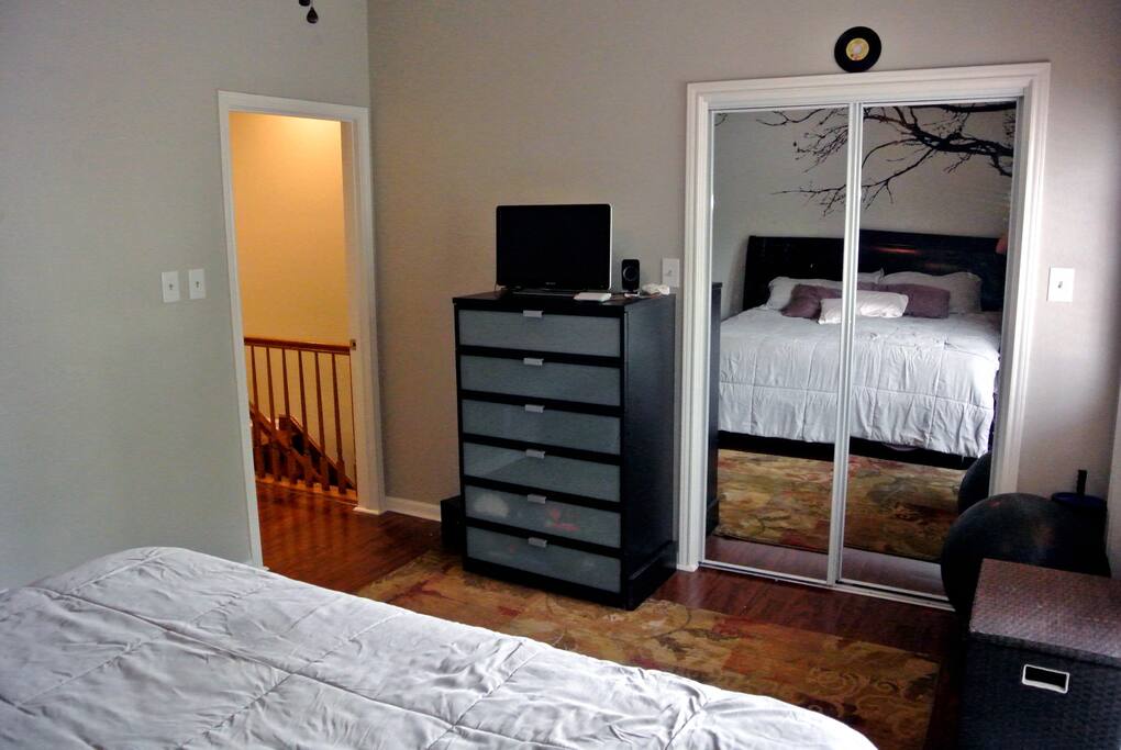 Plenty of room in the closet if you'd like to hang a few garments. Also, Pandora radio and Netflix are accessible with this smart TV.