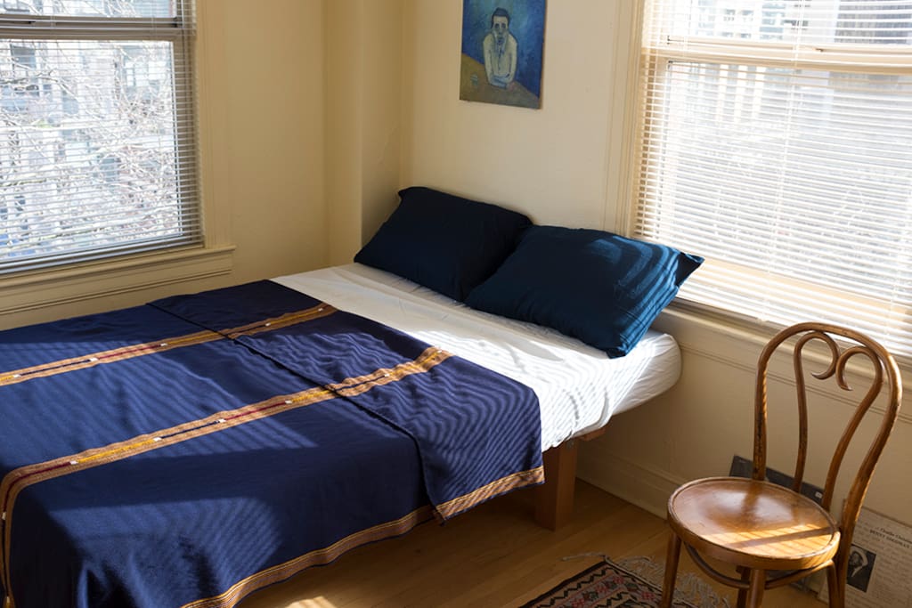 A full size bed with fresh linens on top of a quality memory foam mattress. You will sleep comfortably. The neighborhood is very quiet and far above any street lights. I keep my sheets clean and my pillows aired.
