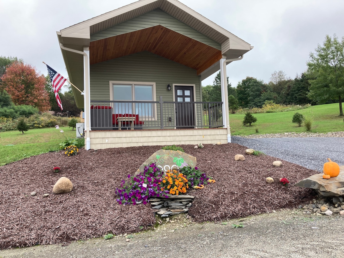 The cabin's exterior is displayed, featuring a welcoming porch with comfortable seating. A vibrant garden with multi-colored flowers and decorative stones enhances the entrance. An American flag gently flutters above, while a small pumpkin adds a seasonal touch to the landscape.