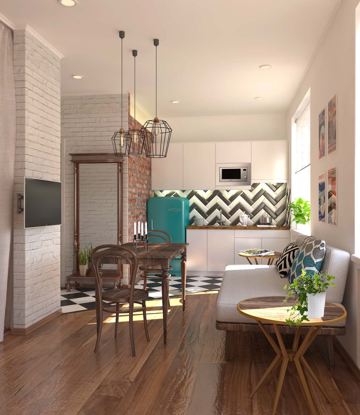 A stylish kitchen and dining area features a retro blue refrigerator, complemented by wood accents and modern lighting fixtures. A small dining table with four chairs and a cozy sofa are arranged, while decorative elements include plants and wall art, enhancing the vibrant space.
