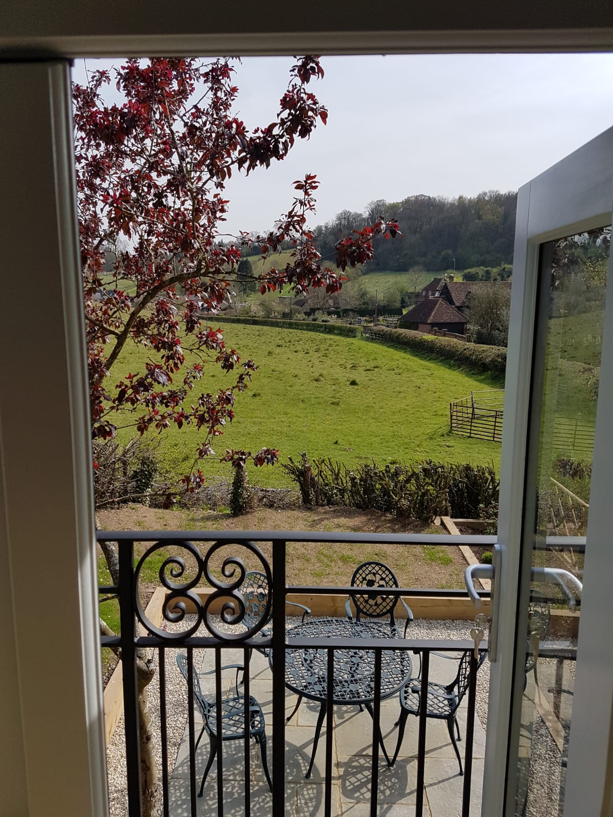 A view from a small balcony showcases a green landscape with rolling hills. A table and two chairs are positioned outside, framed by a decorative railing. The scene is complemented by a tree with deep red leaves, offering a striking contrast against the greenery.