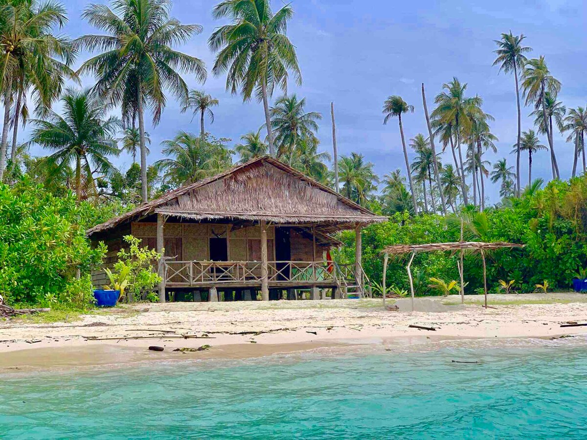 A rustic bungalow with a thatched roof is situated just off the white sandy beach, surrounded by lush greenery and palm trees. The peaceful structure features a spacious porch that invites relaxation and views of the tranquil blue ocean.