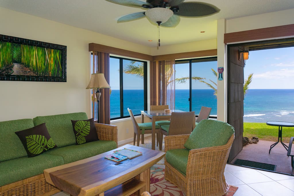 Oceanfront views from the living room of our Princeville condo Sealodge G4.