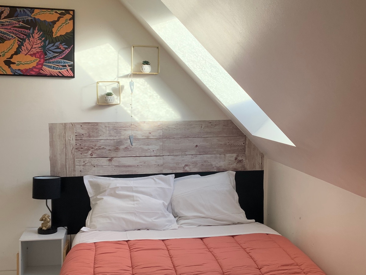 A cozy sleeping area is featured with a spacious bed dressed in a coral-colored quilt, complemented by crisp white linens. A small bedside table holds a lamp, and greenery is displayed on wall-mounted shelves above the headboard, while natural light softly filters through the skylight.