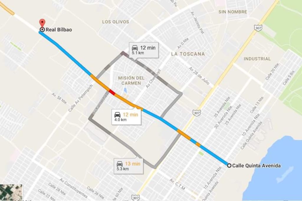 Distancia aproximada entre el fraccionamiento y la Quinta Avenida