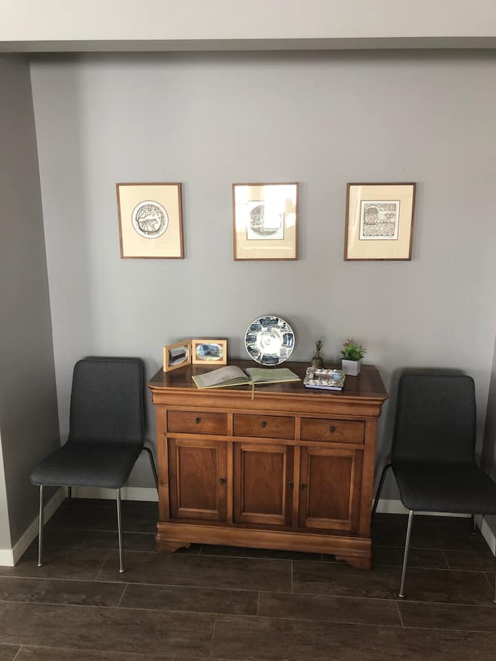 Read the wonderful reviews and notes in our guest book about how much they have enjoyed their stay at Joten Lake. Also there is a stereo with surround sound in this cherrywood buffet.