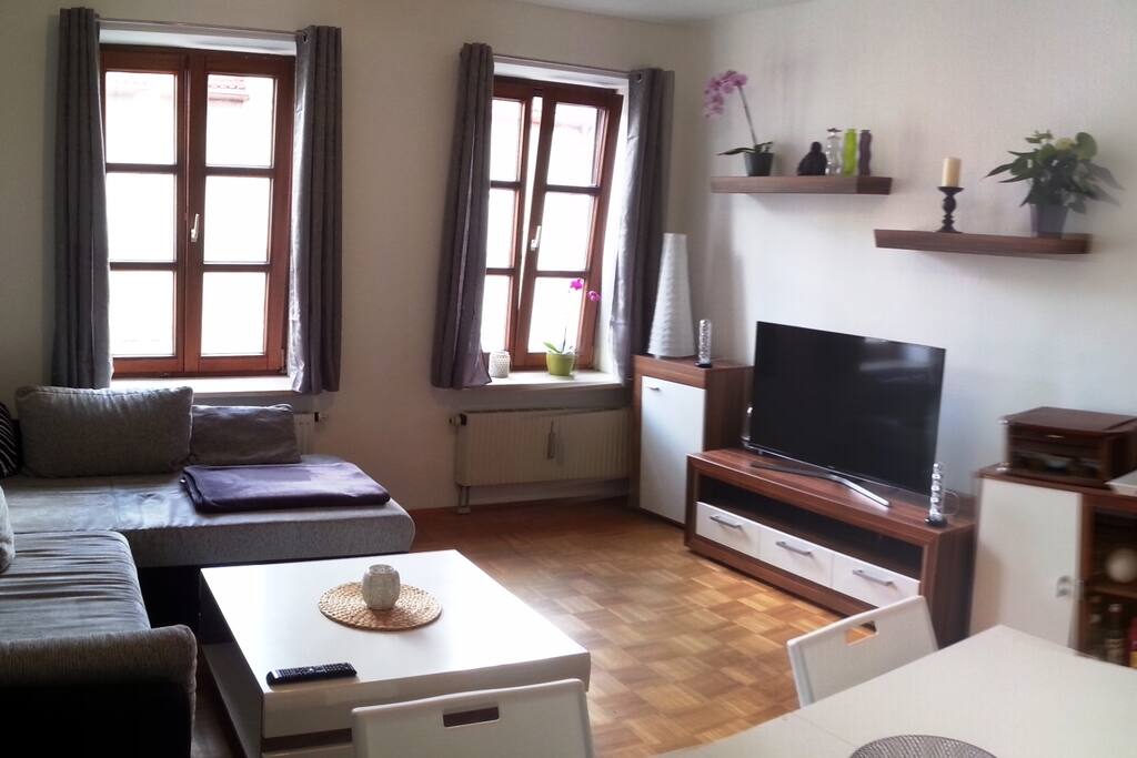 Living room with large TV, speakers and dining table