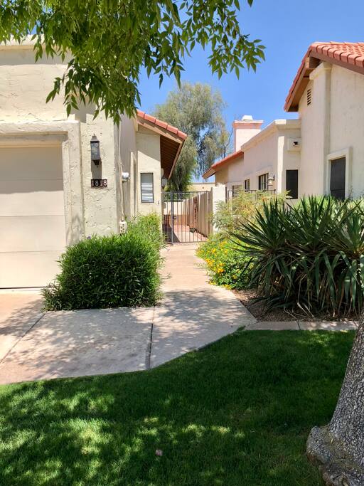 Walkway to front entrance with lush vegetation.
