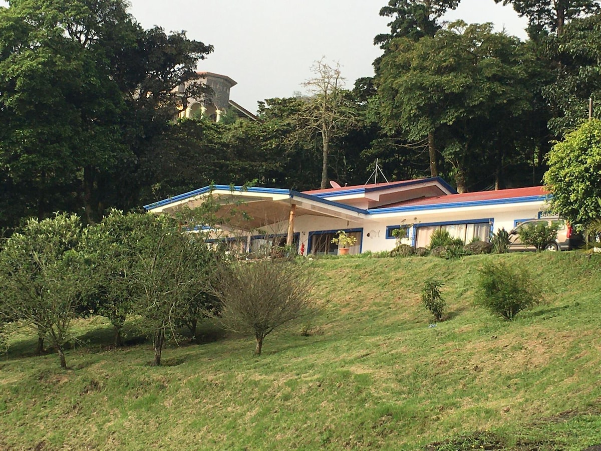 A mountain house is set on a gently sloping lawn, framed by lush greenery. The vibrant exterior features a distinctive roofline and large windows, offering a glimpse of outdoor seating areas shaded by trees.