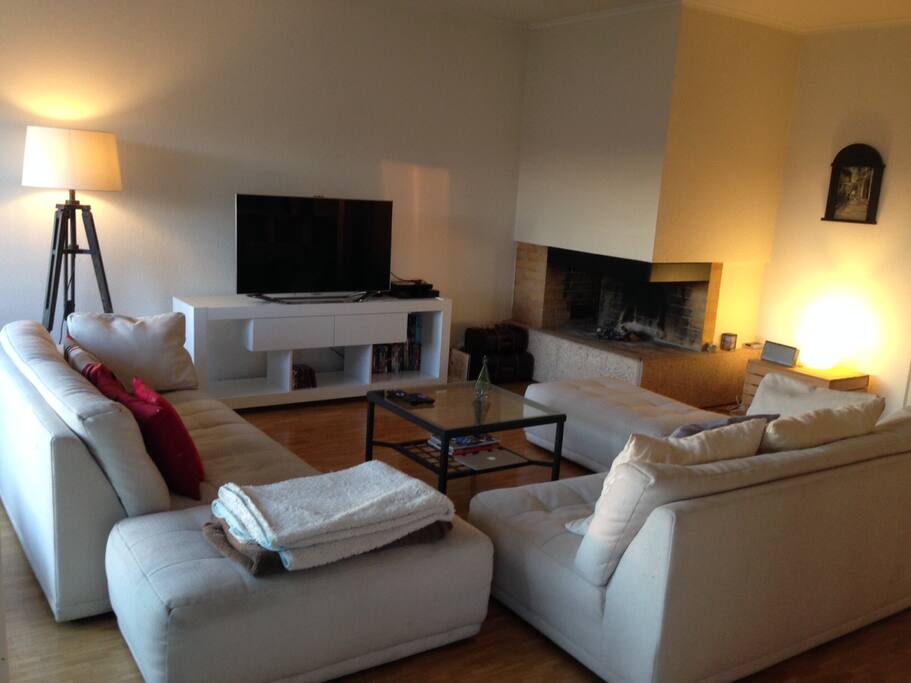 Large airy living room with fireplace