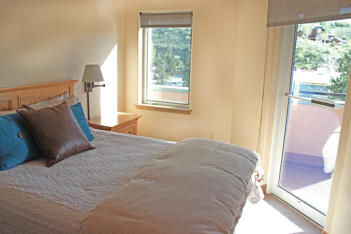 Guest Bedroom: Queen bed, Cable TV, Closet, Walkout to patio, Mountain views.