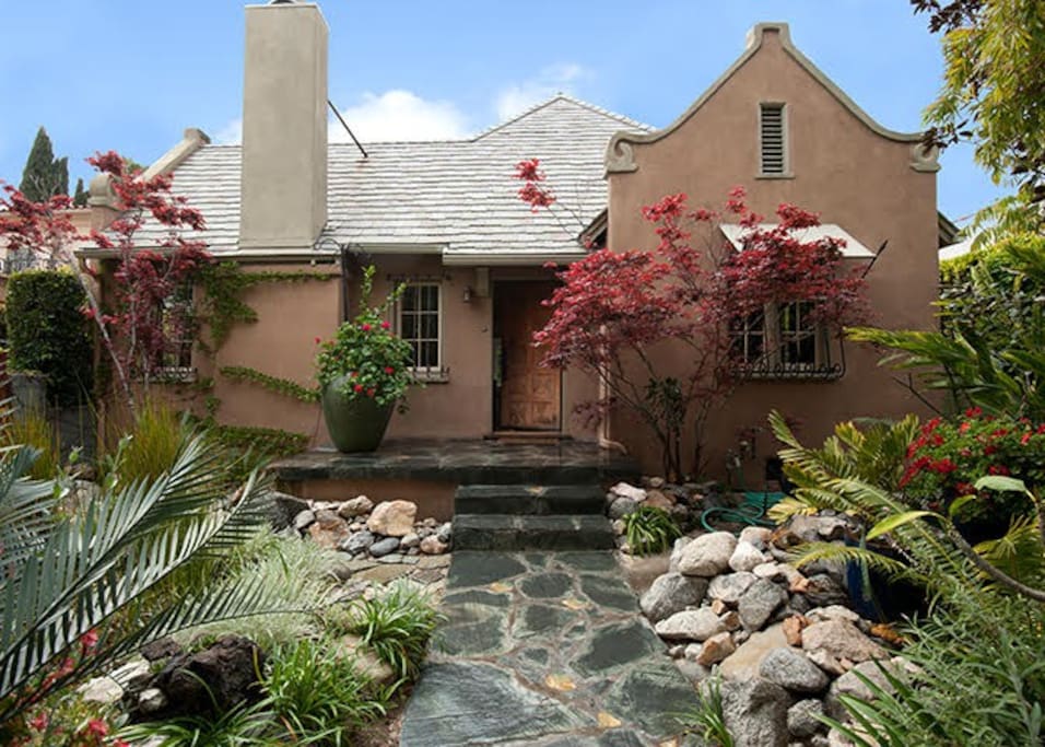The front entrance of this LA home has all the zen of a remote garden retreat.