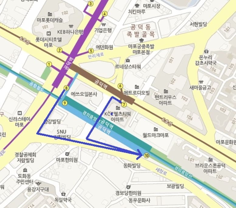 My house is very close to exit 10. But if you just out from other exit, try to find exit 7 or 8 to walk following the blue line to get exit 10.