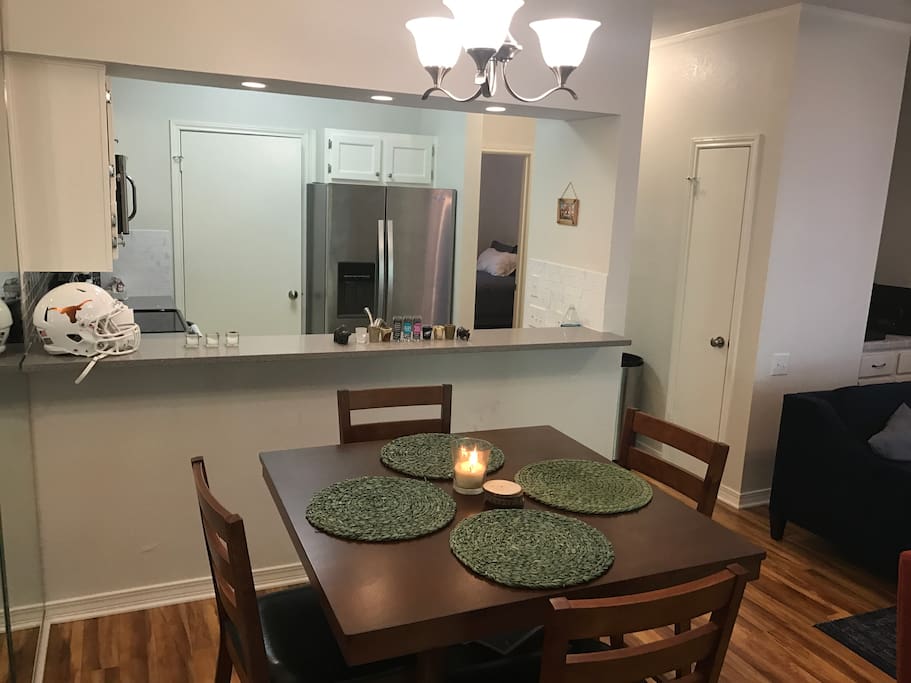 The view of the living space as soon as you walk in the door.