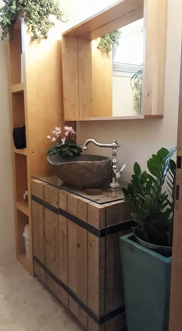 cozy furnished toilet sink shower room