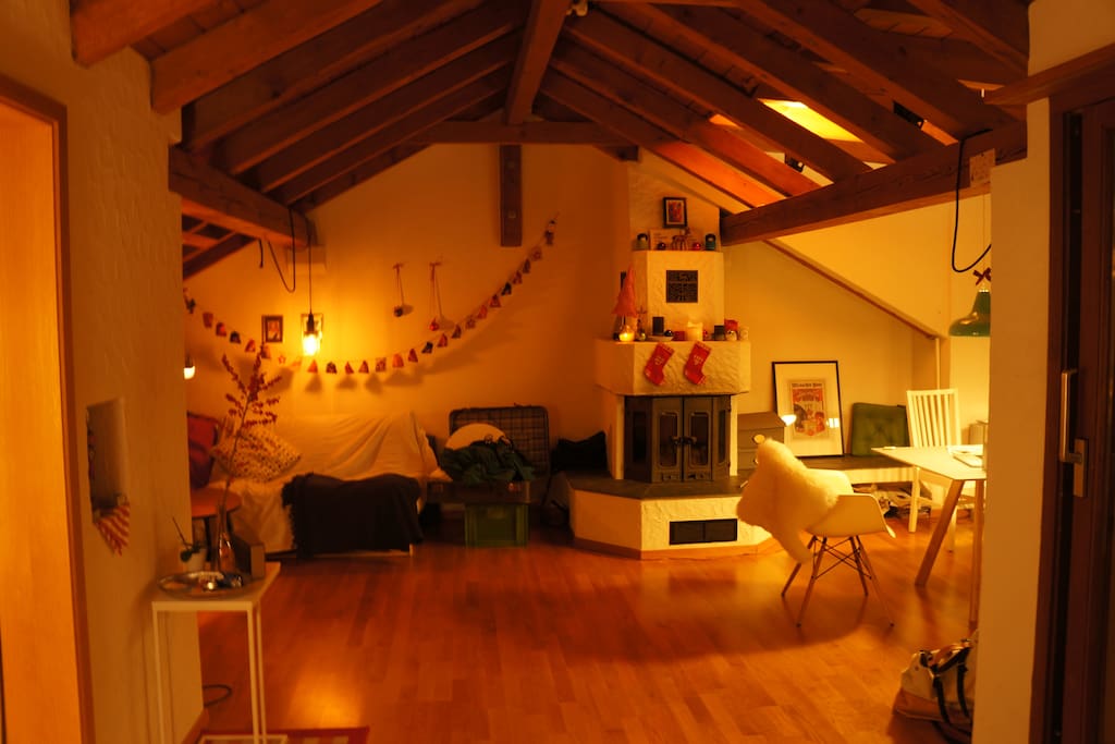 view into the open living room at night
