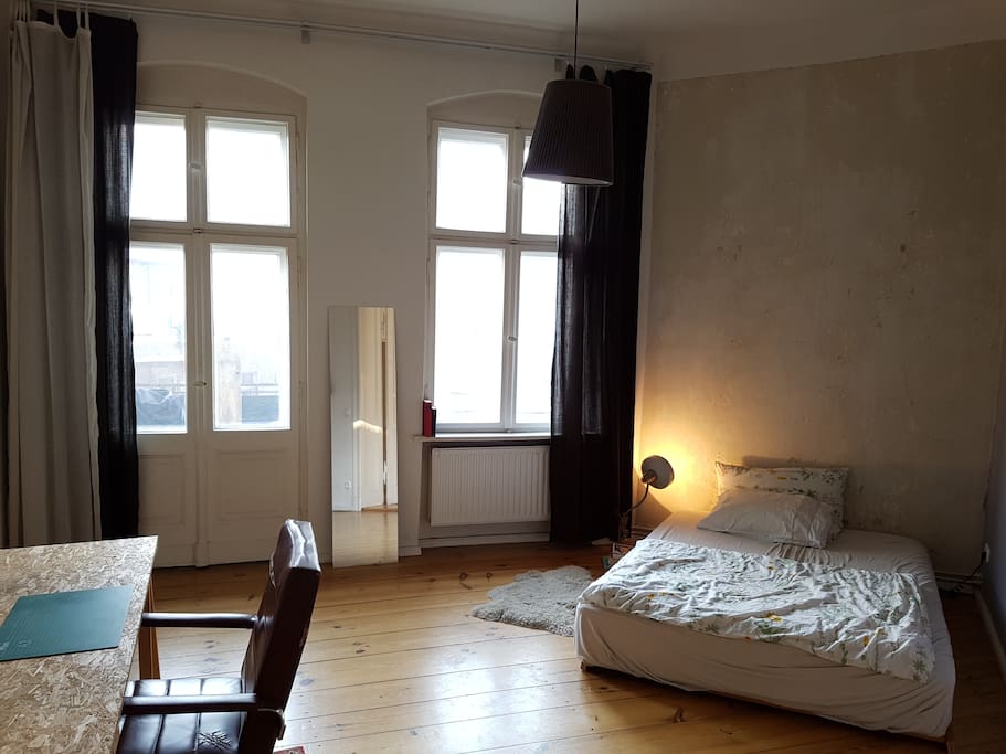 Comfy bed for two persons, lots of sunlight in the morning!