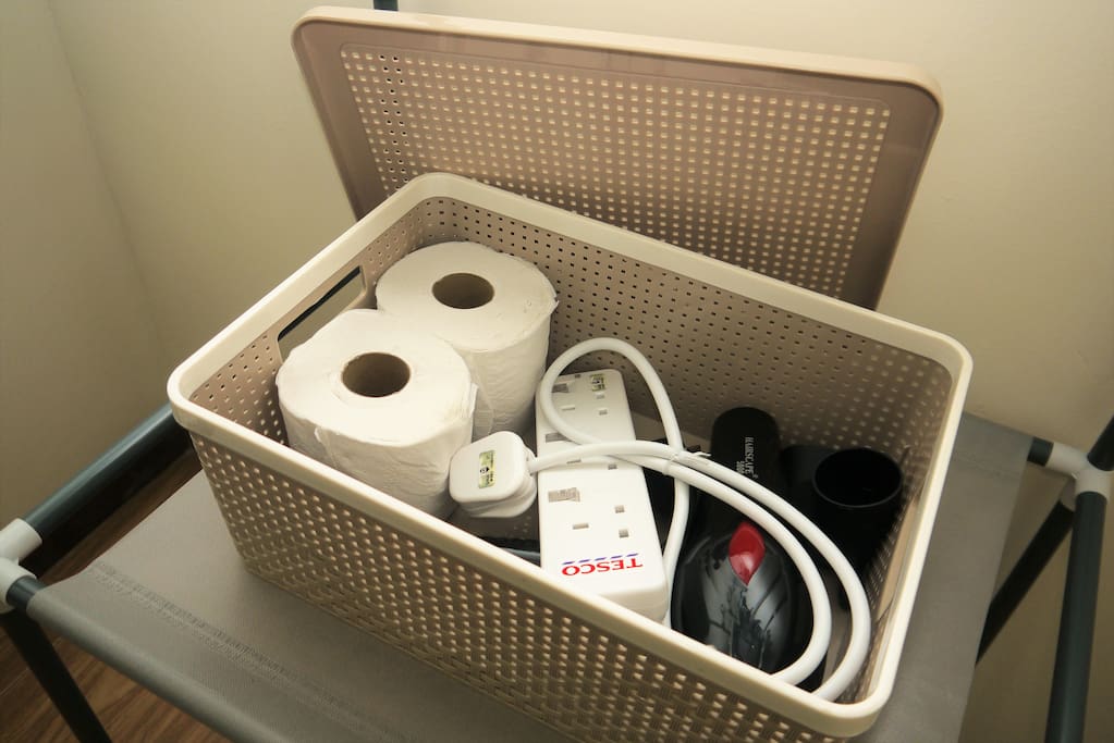 Toilet Paper, Wire Extension & Hairdryer are provided