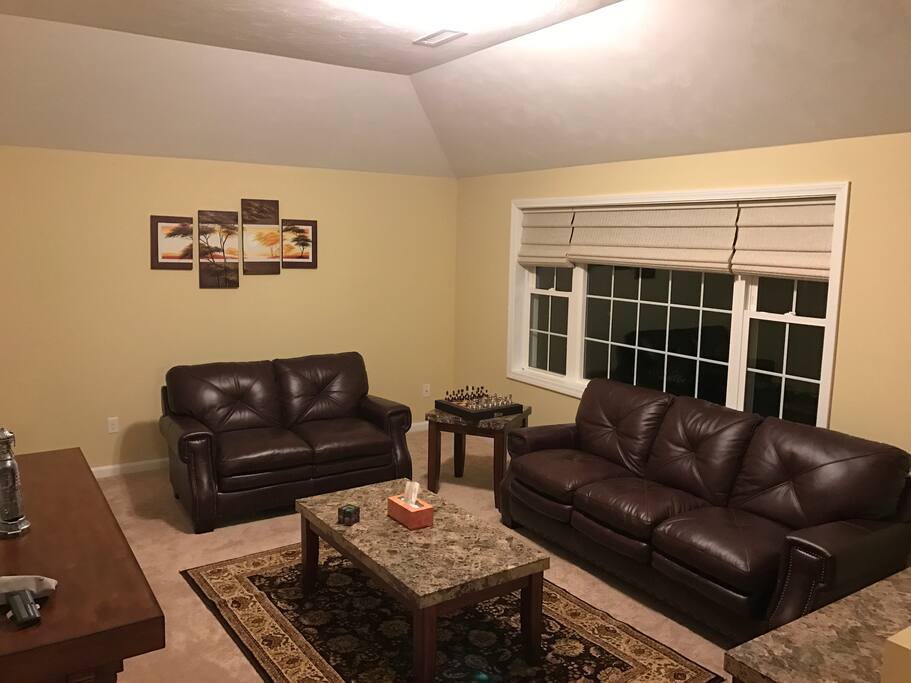 Living room with leather sofa , that converts into a very comfortable twin bed.