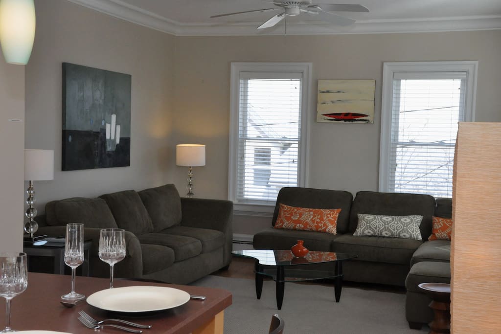 Living area with large TV, Cable, and WiFi
