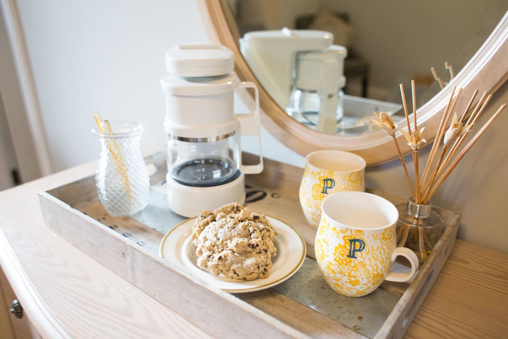 Scones, coffee/tea, and local honey sticks.