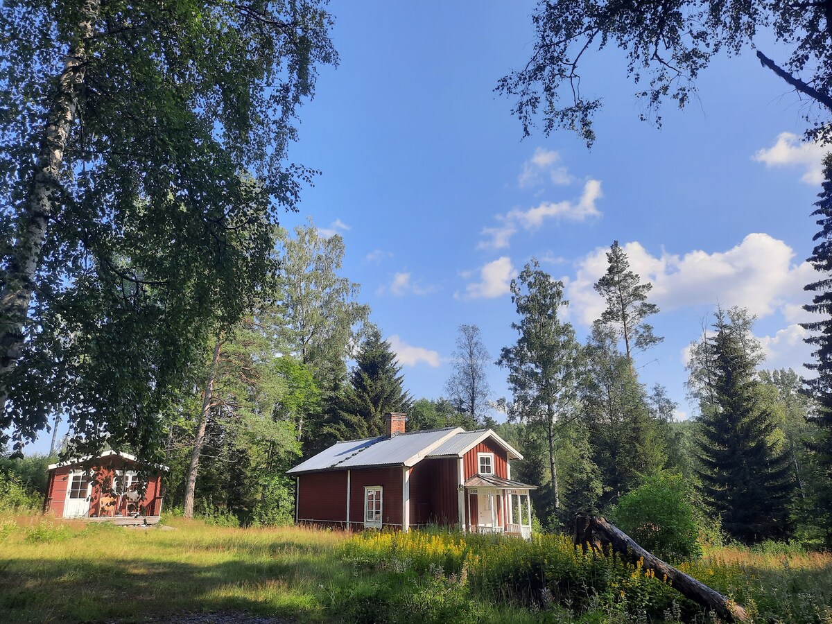 A rustic red house is surrounded by lush greenery and tall trees. The open field in front features wildflowers and sunlight filtering through, creating a serene natural setting. A smaller structure is visible nearby, enhancing the peaceful atmosphere.