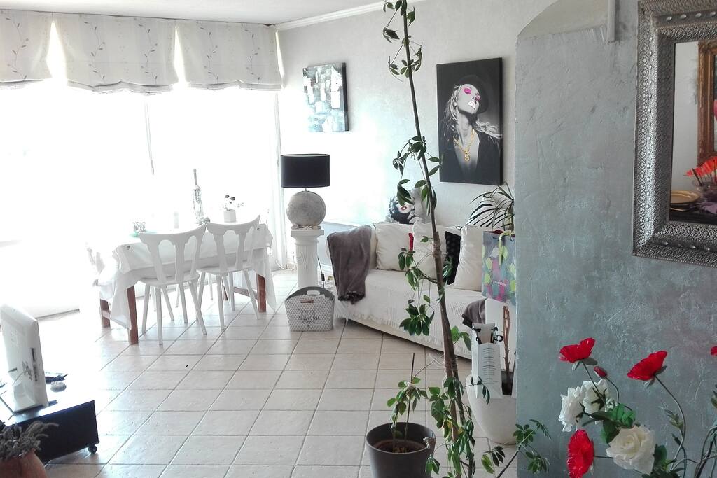 une partie du salon avec coin repas vue sur le jardin