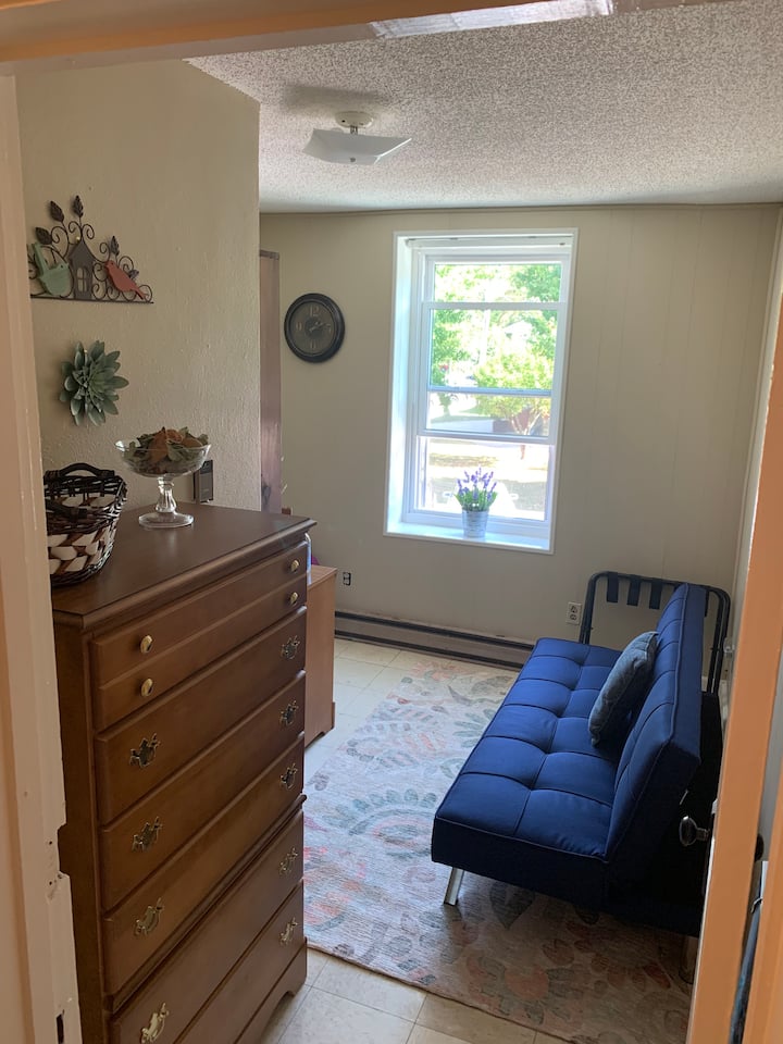 Bedroom number 2 in The Caroline with small futon and extra Queen Size air mattress if necessary.