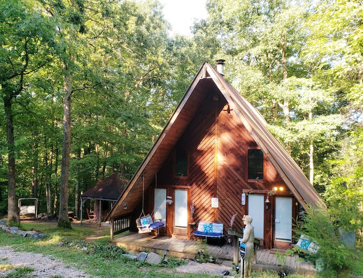 Rustic, serene cabin surrounded by forest.