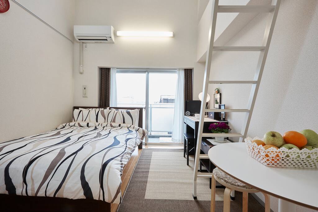 Room overall view, Spacious double bed, round table, desk, Loft, etc.
