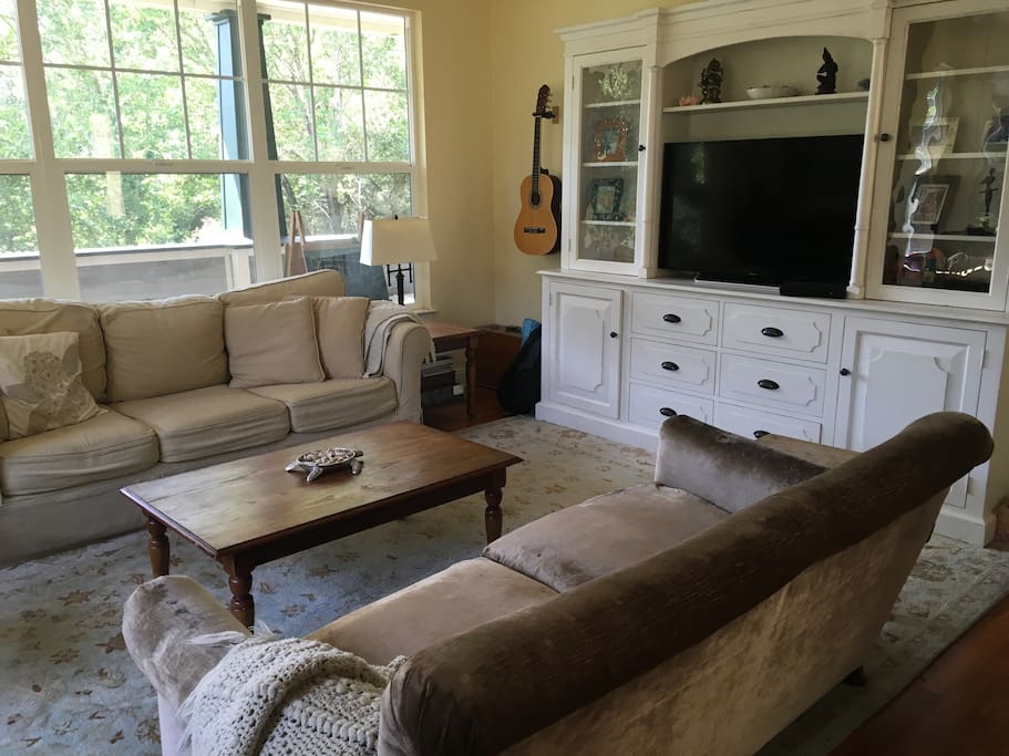 Living room with wood burning wood stove