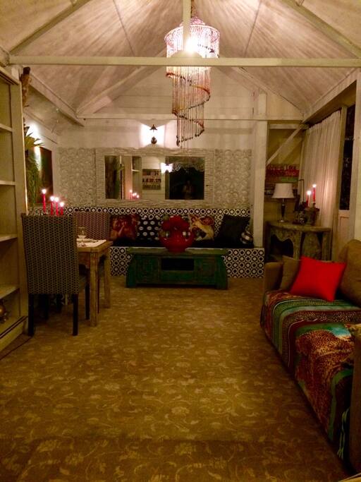 The view from bathroom to living room