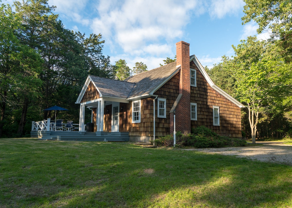 A charming three-story house is set on a spacious, grassy lot surrounded by trees. The exterior features wooden siding and a brick chimney. A porch with seating invites relaxation, while the tranquil natural surroundings provide a sense of seclusion.