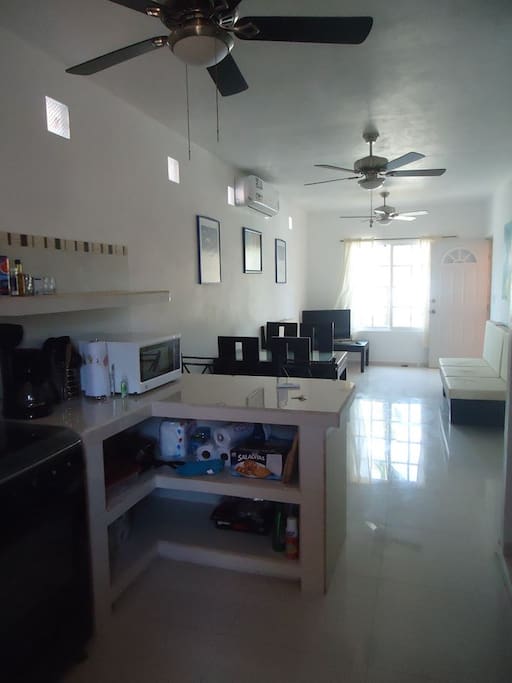 Kitchen with Stove, Microwave and Frig