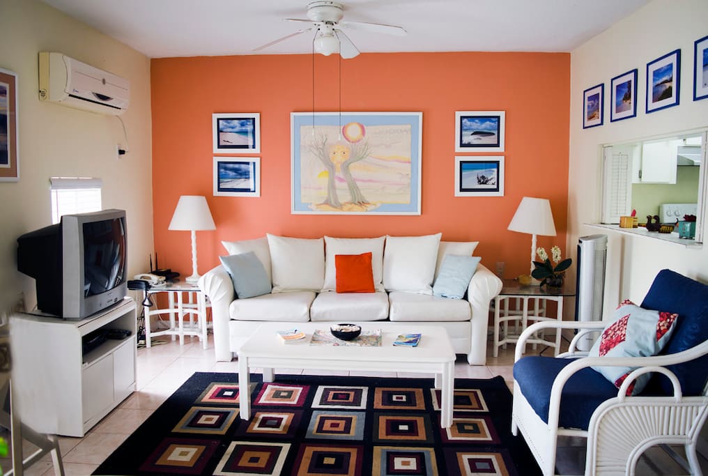 The sofa bed in the living room converts to a queen-sized bed