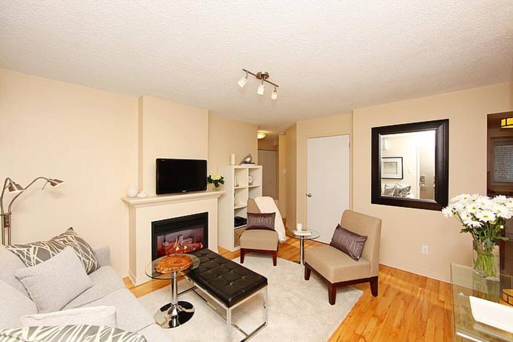 Living room with pull out couch, natural gas fireplace