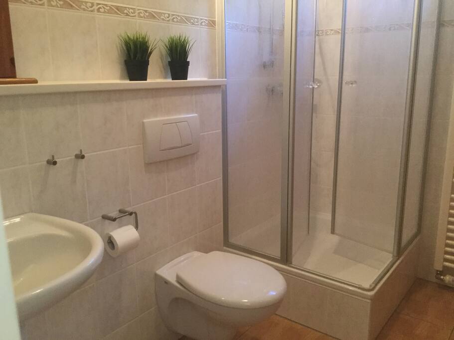 Bad mit Handwaschbecken, Dusche und WC