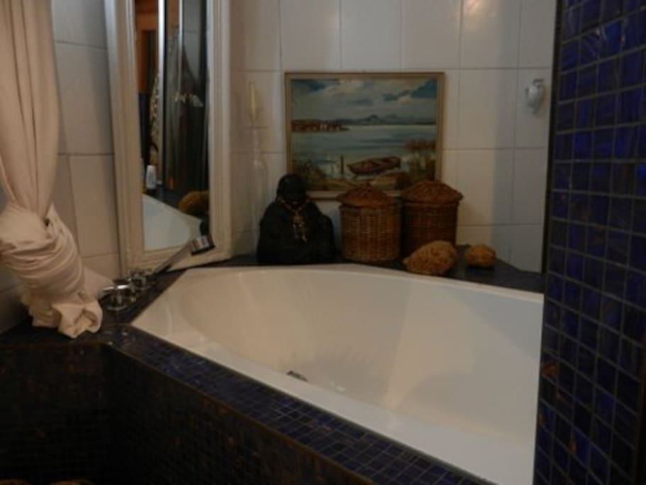 seperate bathroom with bathtub and two windows