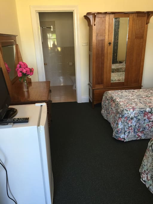 wardrobe, small fridge, TV and dresser